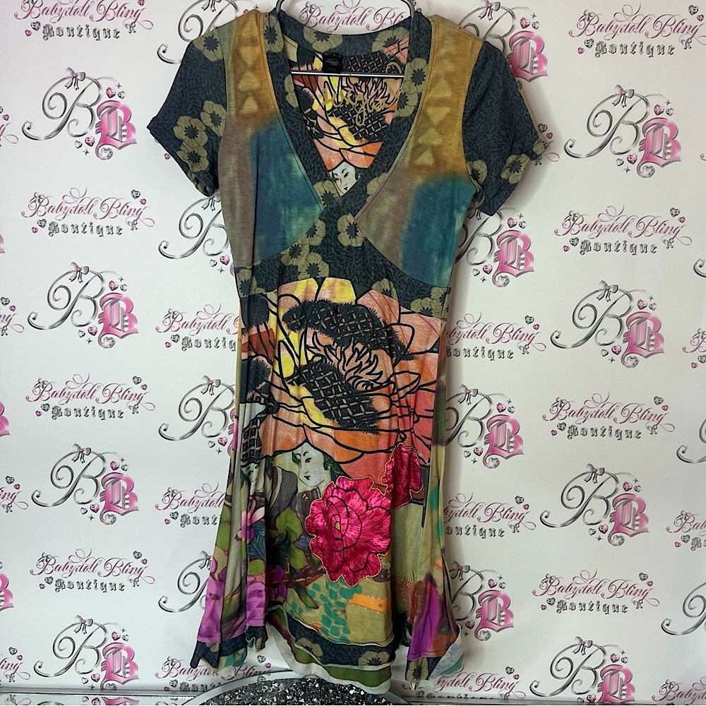 Dress boho Japanese embroidered flowers floral style Floral Multicolor V-Neck